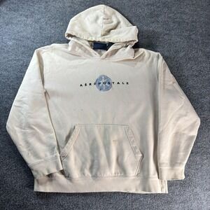 Aeropostale Hoodie Mens XL Beige Pullover Fleece Logo Graphic Kangaroo Pocket